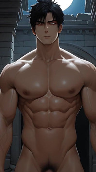 East Asian Handsome Boy Jerking in Library Toilet Under Moonlight Ruins
