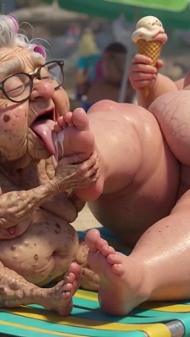 Elderly Granny Passionately Sucking BBW Feet on the Beach (Anime Hentai)