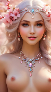 Smiling Nude Woman Holding Cherry Blossom, Wearing Opal-pearl White Diamond Jewelry - Ai Slideshow