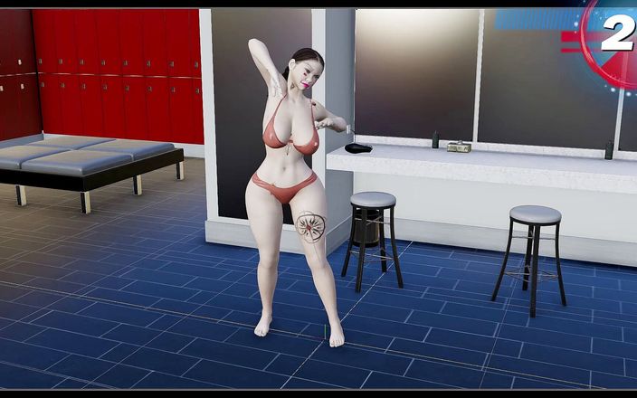 Virtual fantasy studio: 비키니 차림의 문신 스트립을 한 거유와 3D 섹시한 소녀.