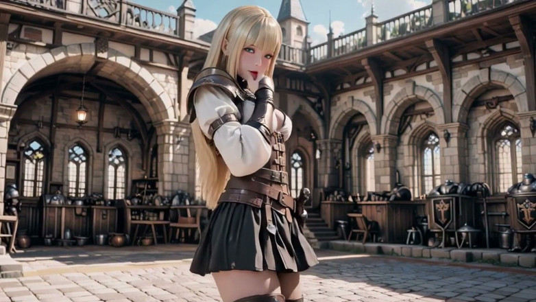 Seraphina Vale: Prywatne przebudzenie Blondynki Knight! Klęcząc na dziedzińcu zamku, światło słoneczne uderza...