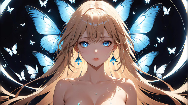 LustRender: Butterfly Radiance 一个美丽的年轻女人，周围有发光的翅膀