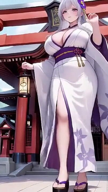 Silver-haired Miko Shrine Secrets! Half-unbuttoned White Kimono, Kneeling Poses and Intense Eye Contact.