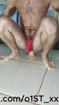 Again in Red Underwear Riding on My Big Dildos