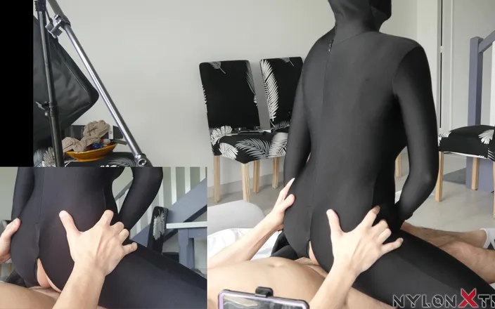 Nylon Xtreme: Black Zentai Encasement 2 Cumshots