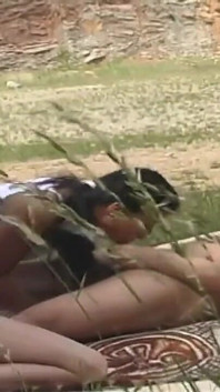 Two young sluts get fucked outdoors by a man with a big hard cock