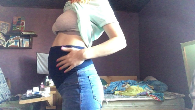 Risky Hairy Couple: Striptease with Pregnant Belly, up View