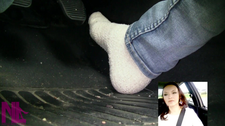 Nyllady: Pedal Pumping and Driving Just in White Terry Socks