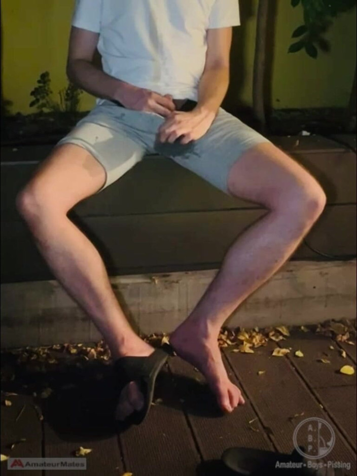 AmateurBoysPissing: Amateur Twink in Adilette Sandals Wets Himself in the Garden...
