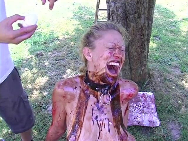 Horny Two really wet MILFs: Blonde slut gets all covered with food outdoors