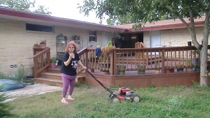 BBW nurse Vicki adventures with friends: Nurse Vicki Mowing Grass dressed then topless