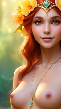 Ai обнаженная арт-женщина Холдинг Begonia с Хутонне Желтые ювелирные изделия с бриллиантами 4K, художественное слайд-шоу