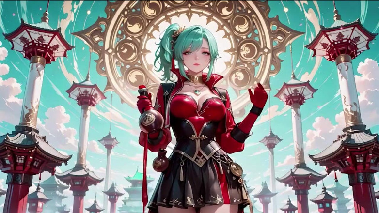 Tay Swift X: The Red-clad Blade's Private Tease! Green-haired Warrior in a Black-red...