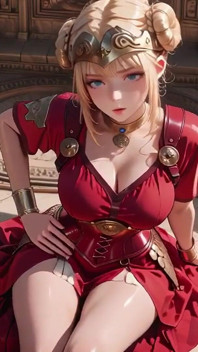 赤い鎧の女王!ローマの廊下での視線、スカートを上げて露出し、唇に手を当ててからかう...
