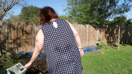 BBW nurse Vicki adventures with friends: Playing in my garden showing off my tits belly ass,...