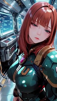 Inside the Sci-fi Train, She Wears a Tight Green Armor, Touching Her Red Lips While Gazing at the Galaxy Through the Porthole.