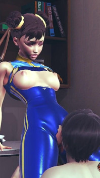 Chun li street fighter 6 - gadis anime dengan kostum lateks biru memeknya dijilat dengan celana ketat sampai orgasme