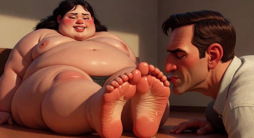 Anime Hentai: Submissa escrava lambendo pés suados de amante obesa da SSBBW