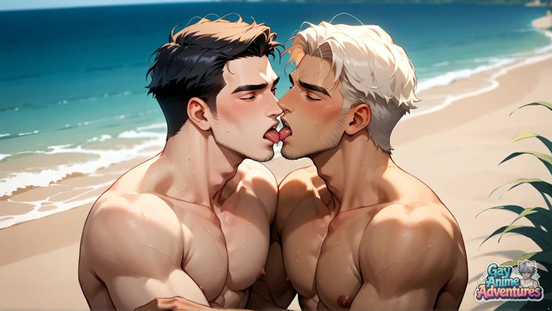 Gay Anime Adventures: The Beach Muscle God Flexes, His Sweat-drenched Six Pack Shining...