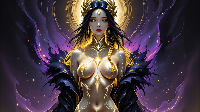 LustRender: Empress telanjang yang indah dengan tubuh kepang emas crystalline