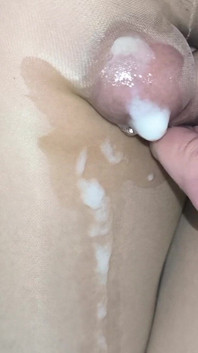 Very Juicy Cumshot Through the Shiny Nude Pantyhose Close