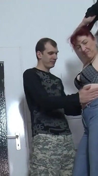 Mature Fat Redhead Fucked in the Kitchen by Skinny Guy with Big Cock
