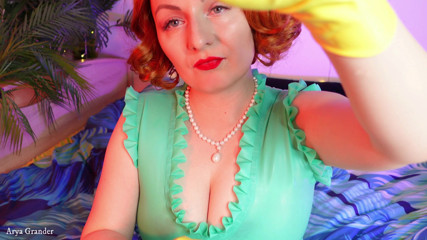 Arya Grander: Rip off clothes: ripping latex rubber yellow gloves Arya Grander
