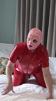 Hot Masked Cumslut in Full Red Pvc Catsuit