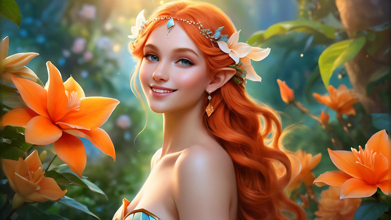 LustRender: Ai artistiek naakt - mooie vrouw die Gardenia vasthoudt met topaz-oranje...