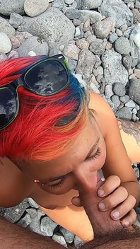 My Naked Short-haired Wife Sucks My Cock Outdoor on a Beach