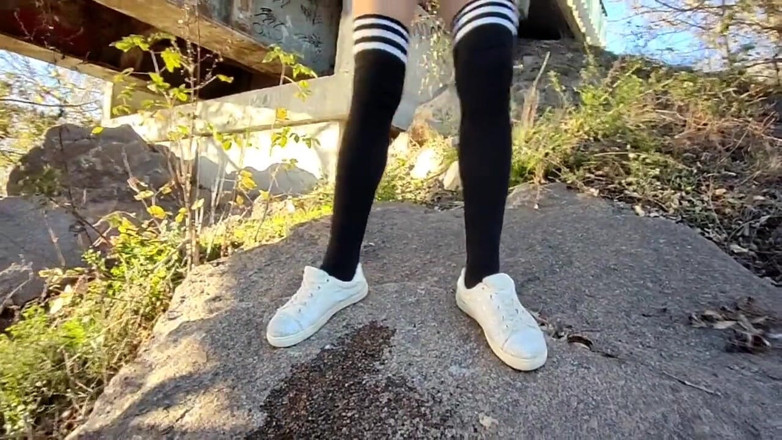 Irochka3008: Pissing Slut in Stockings - Gushing on a Rock Under the...