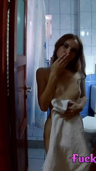 Anorexic Redhead Girl Comes Out From the Shower and Sends a Kiss