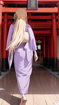 Une blonde à la lavande ! Agenouillement pieds nus sous la porte rouge torii, son Andouf flotte dans la brise