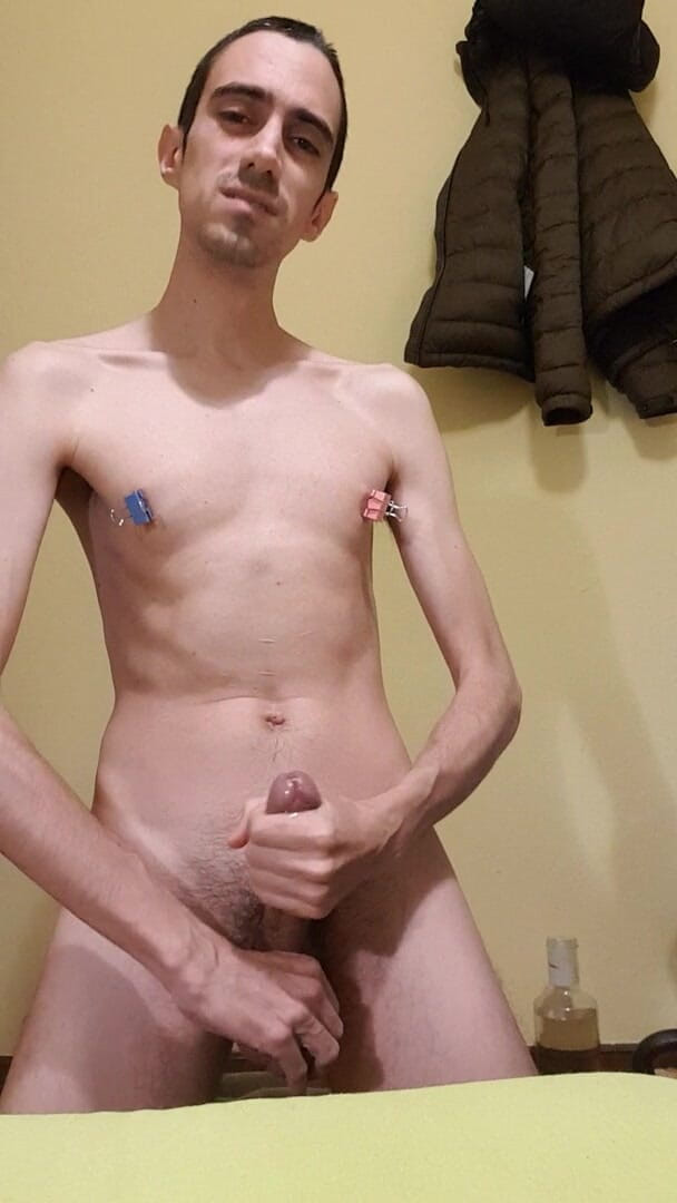 Slave Sparrow: Eat your cum, slave! With binder clips