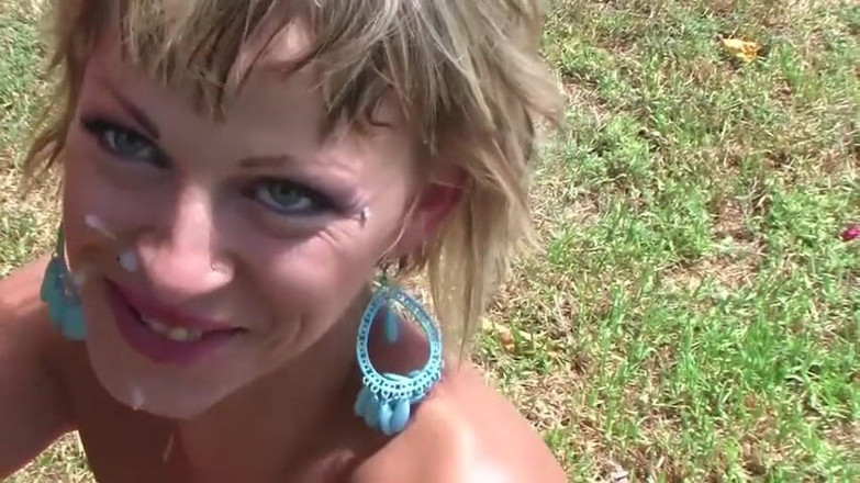 Public Entertainment: Short haired blonde drilled on the sun