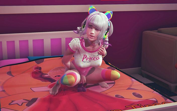 Waifu club 3D: Une gameuse chevauche un gode après avoir regardé du hentai