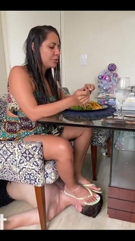 Waiter Slave Serves Her Dinner and Offer His Face as Footstool Under Table
