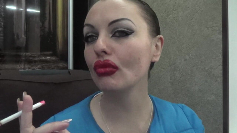 Goddess Misha Goldy: Sexy make-up huge red lips smoking