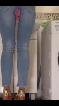 Desperate Wetting My Jeans and Super Gold Highheels - Full Video More Than 10 Minutes Only for Subscribers
