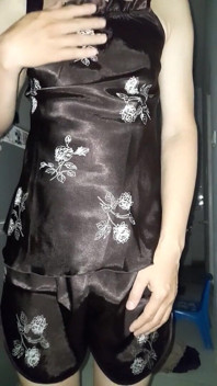 Crossdresser Cum Wearing Satin Silk Set