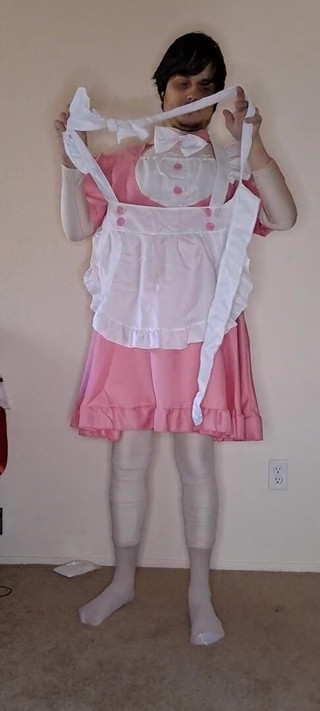 Pup Zentai: Pink spandex maid dress up