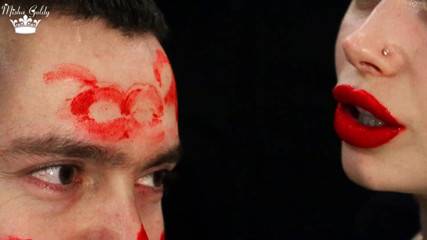 Goddess Misha Goldy: Covering Alex face with red lipsticks kisses