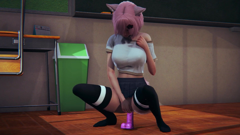 Waifu club 3D: Neko collegegirl masturbates with a pink dildo