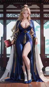 穿着丝绸的金发女神！在阳光普照的日本走廊里懒散散步，跪着一眼，用指尖抚摸她的胸部
