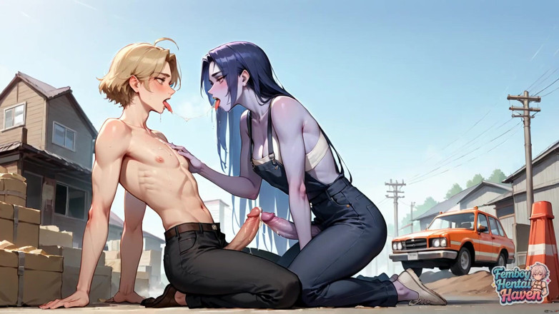Femboy Hentai Haven: Eldig Femboy knullar Sprutande Bikini Brud i Industrial Street Sex -...
