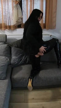 The Nympho Wife Have Cum on Her Latex Jumpsuit, High Heels and Fur-vest 246