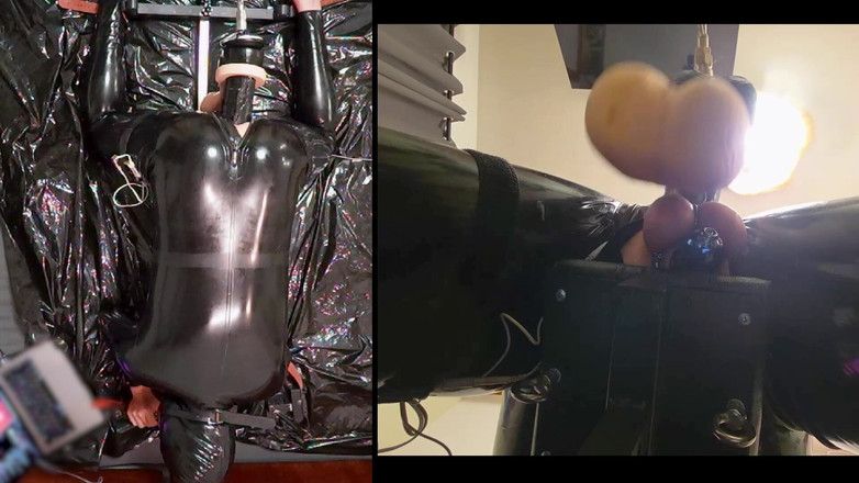 Chastitybeltboy: Séance au pilori avec combinaison en latex, pa chasteté, géant...