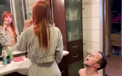Redhead girl brushes her teeth and spits in slave's mouth - Amateur femdom humiliation