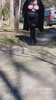 Julie Walking Through a Car Park Wearing Fur Coat, See Her Bound Tits Sticking Out