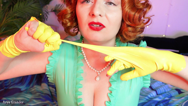 Arya Grander: Rip off clothes: ripping latex rubber yellow gloves Arya Grander
